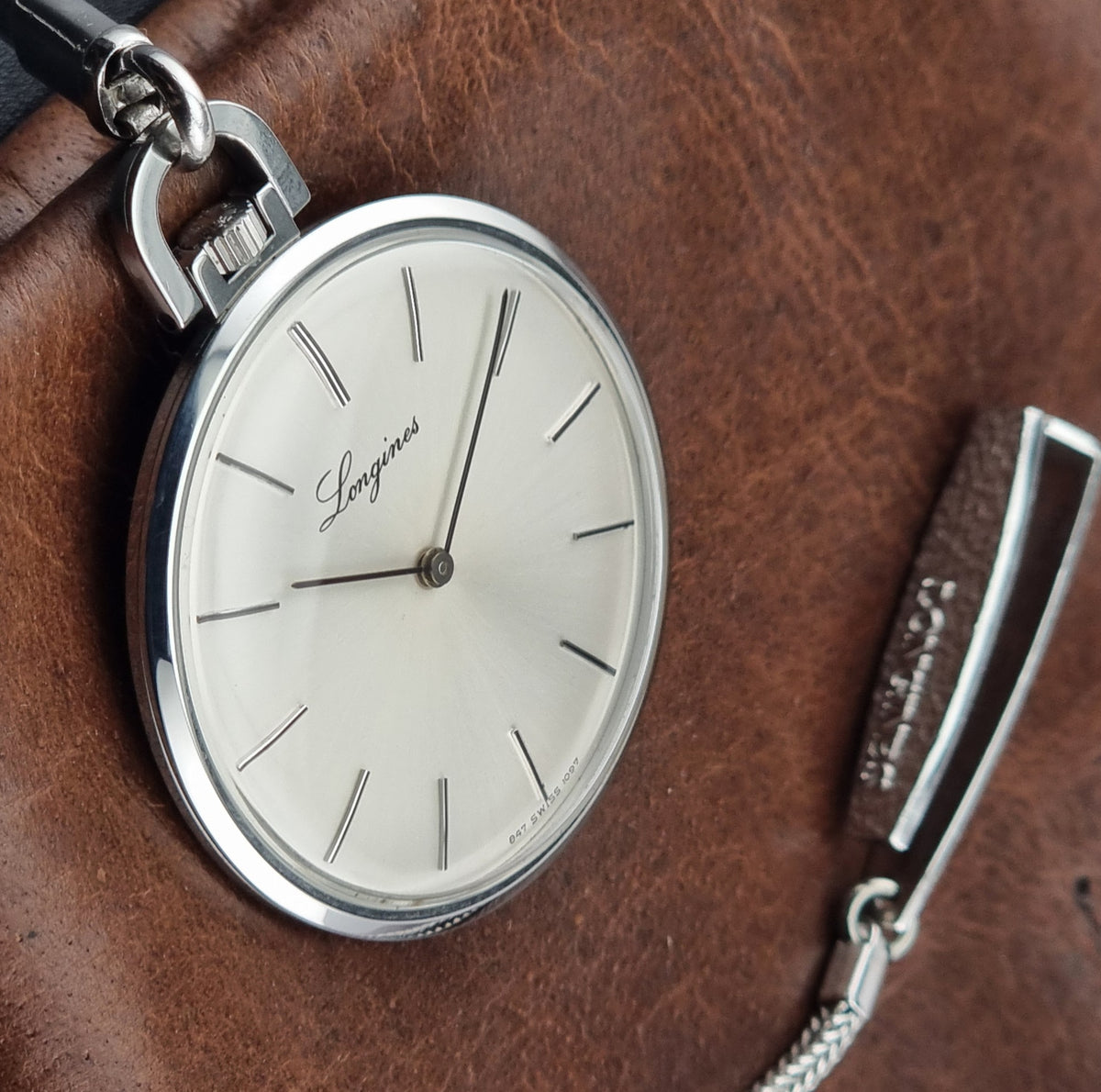 Circa 1976 vintage Longines 1097-4 pocket watch; alternate view showing the dial and case