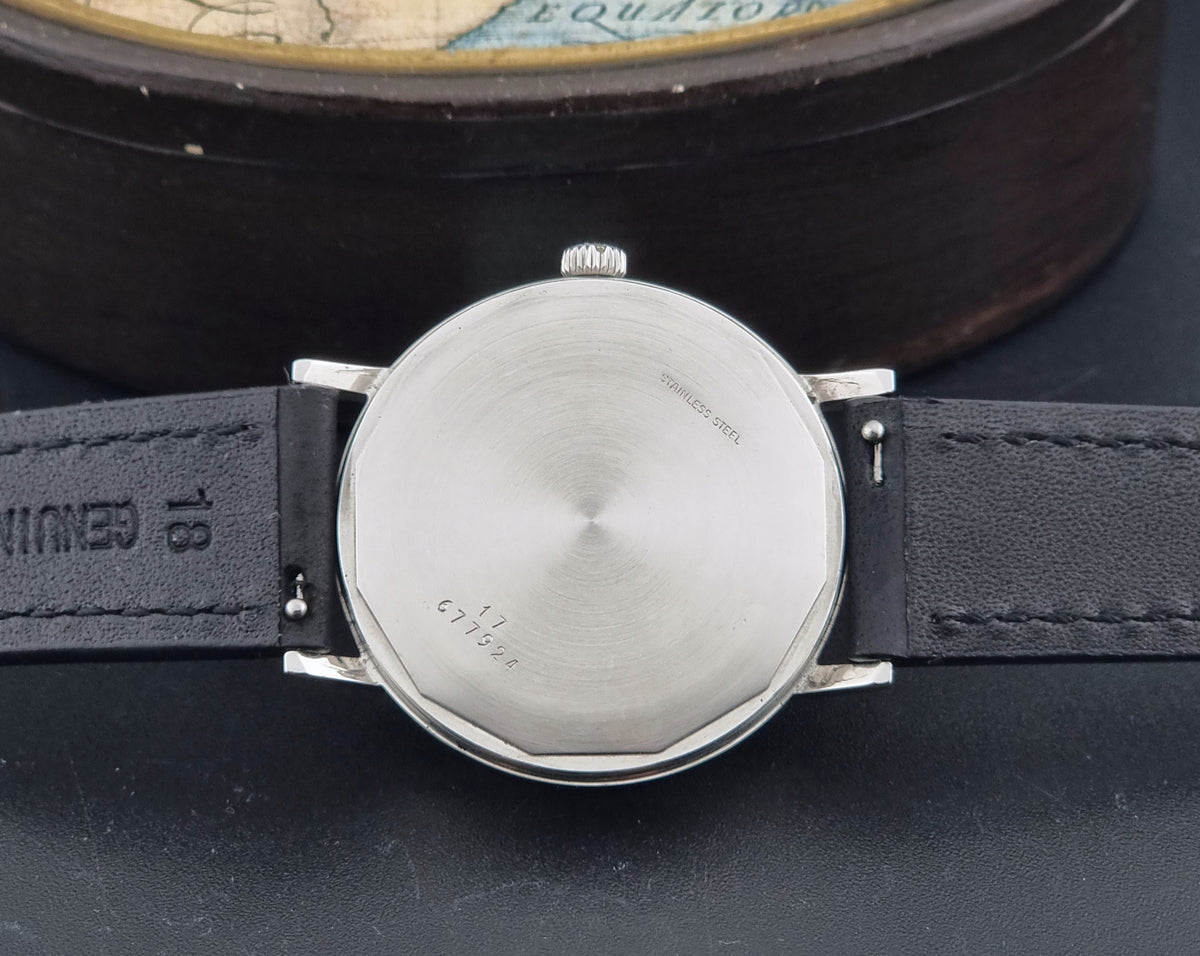 1975 vintage Longines 3029-1 automatic watch, rear view of the stainless steel caseback