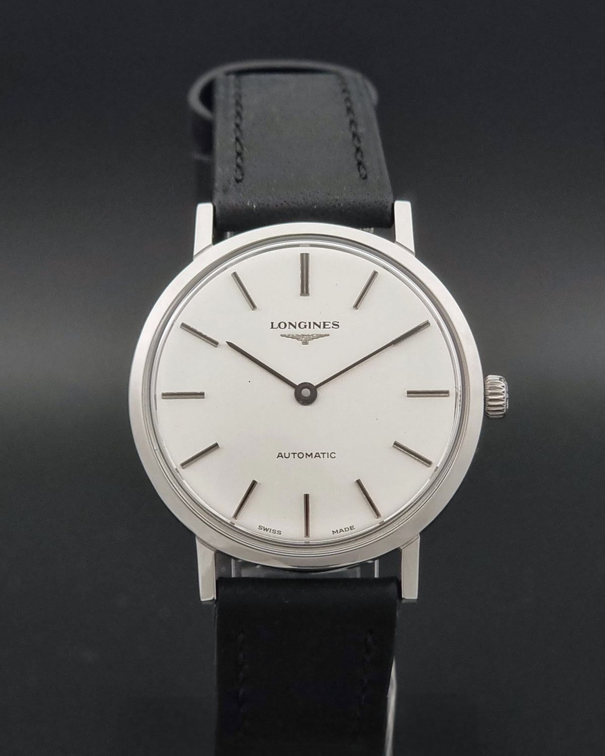 1975 vintage Longines 3029-1 automatic watch, dial detail showing minimal hour and minute hands