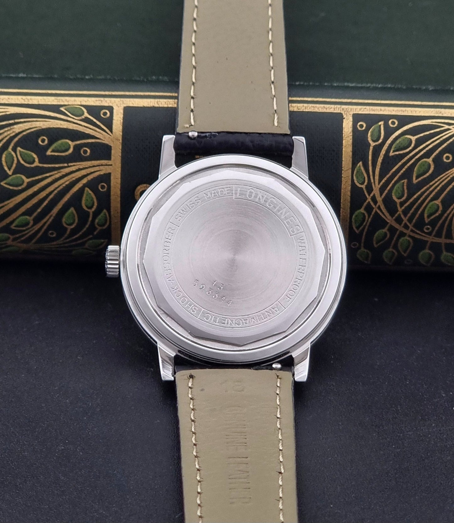 Vintage Longines 8319  Wristwatch with a black leather strap on a dark background case back view