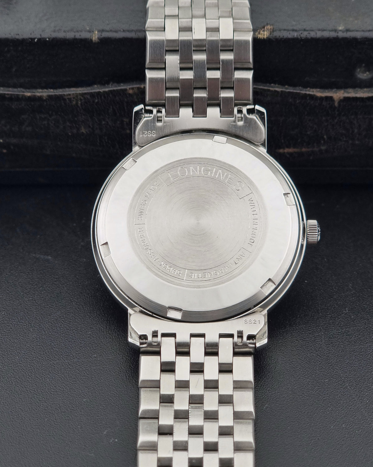 1966 vintage Longines Flagship 3120-2 automatic watch, rear view of the stainless steel caseback