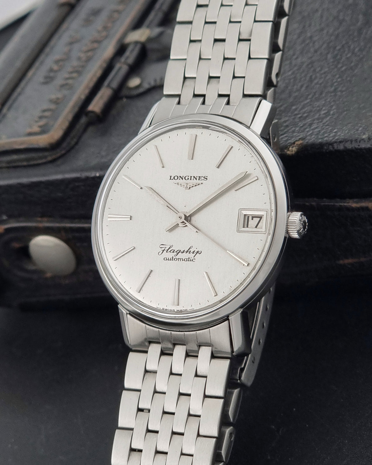 1966 vintage Longines Flagship 3120-2 automatic watch, crown-side view of the winding crown and case