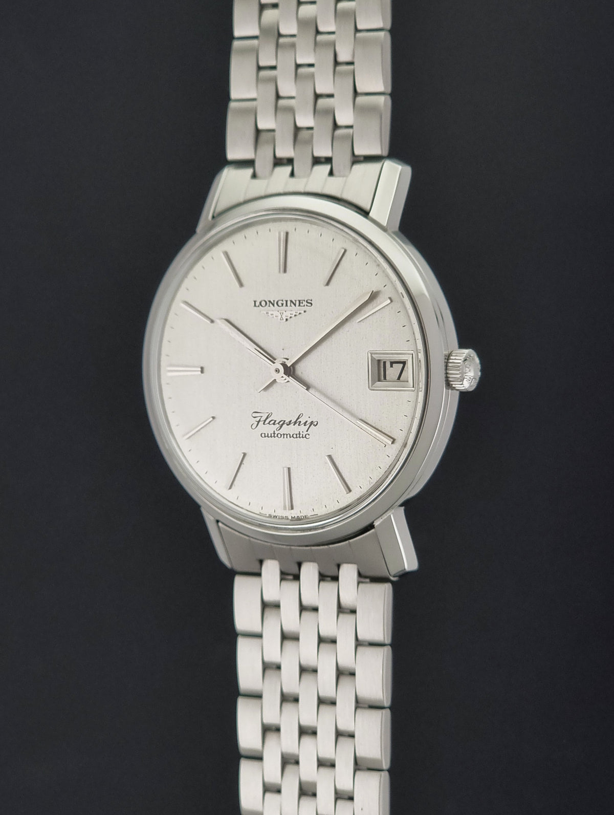 1966 vintage Longines Flagship 3120-2 automatic watch, close-up showing the crown and adjacent case flank