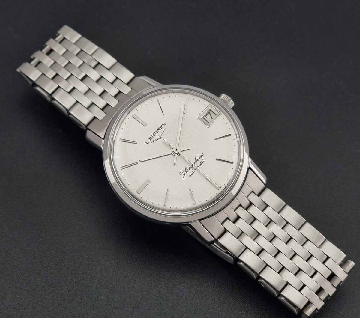 1966 vintage Longines Flagship 3120-2 automatic watch, front view featuring the brushed silver dial