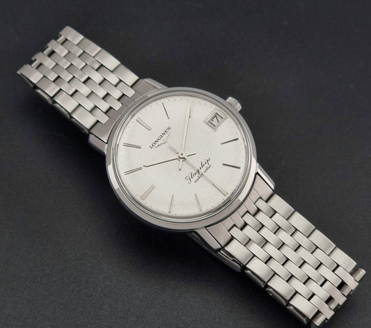 1966 vintage Longines Flagship 3120-2 automatic watch, front view featuring the brushed silver dial