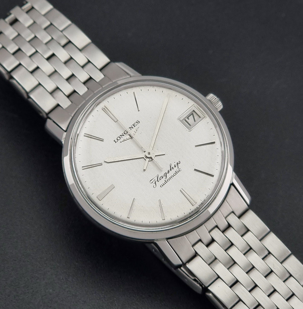 1966 vintage Longines Flagship 3120-2 automatic watch, front view highlighting the brushed silver dial