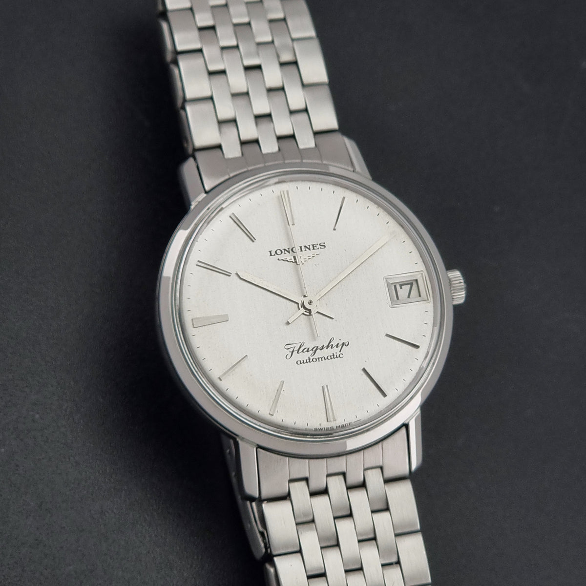 1966 vintage Longines Flagship 3120-2 automatic watch, additional face-on view of the brushed silver dial and hands