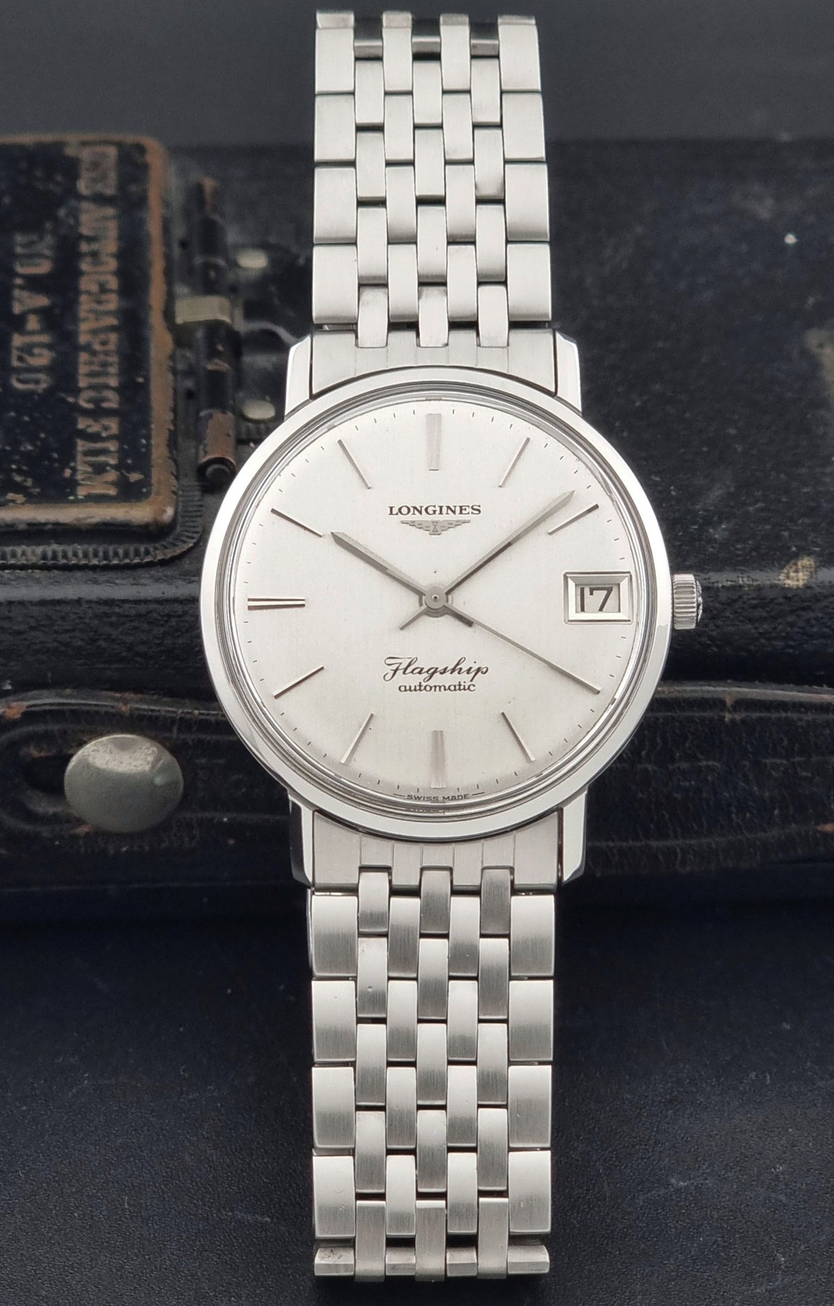1966 vintage Longines Flagship 3120-2 automatic watch, alternate front view showing the brushed silver dial and case
