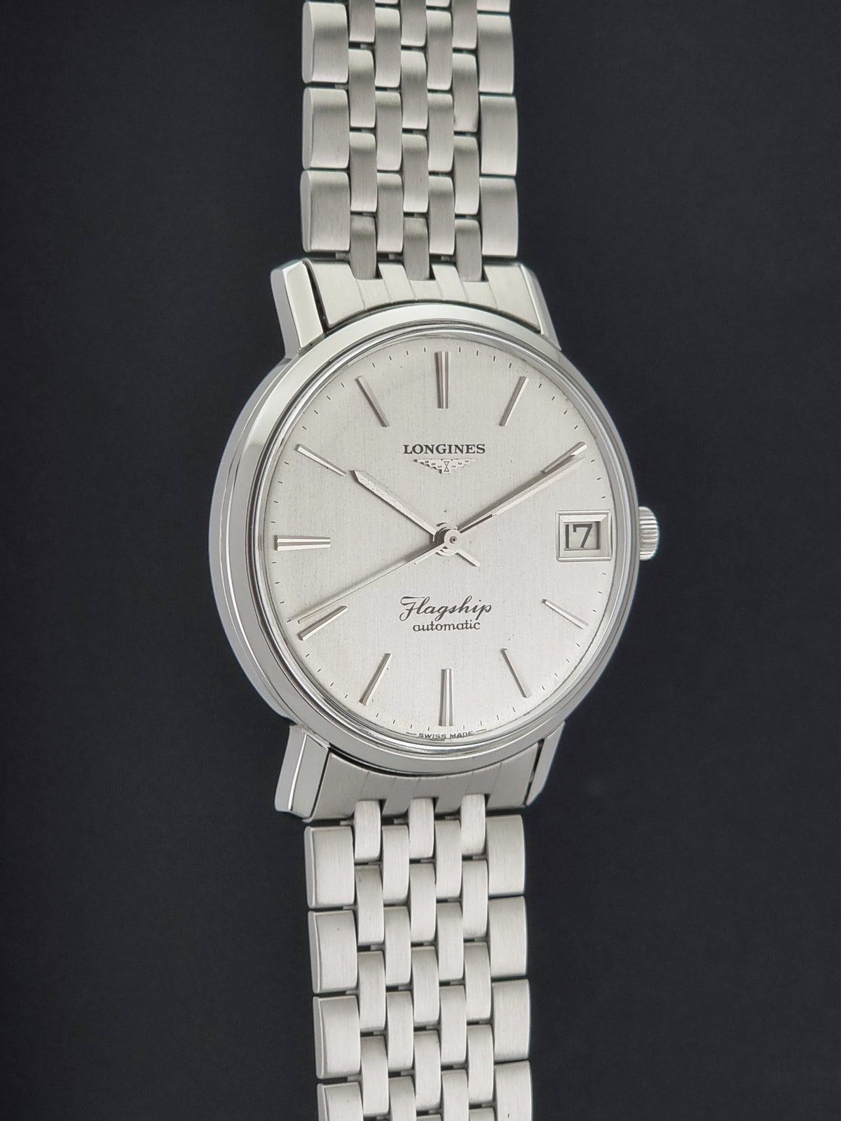 1966 vintage Longines Flagship 3120-2 automatic watch, opposite side profile showing the case shape and lugs