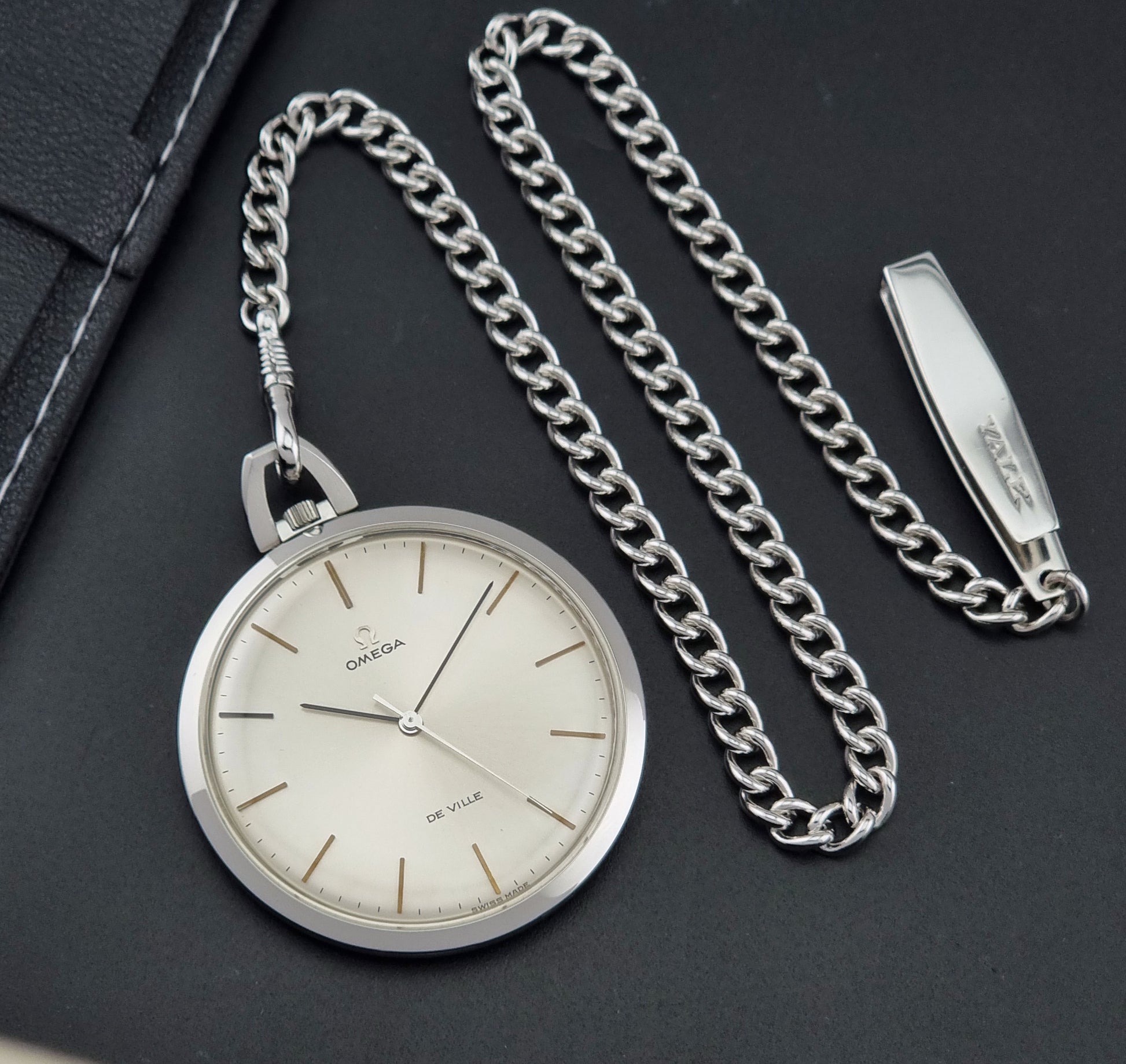 Vintage Omega De Ville Pocket Watch 131.1714 on a dark background close dial view