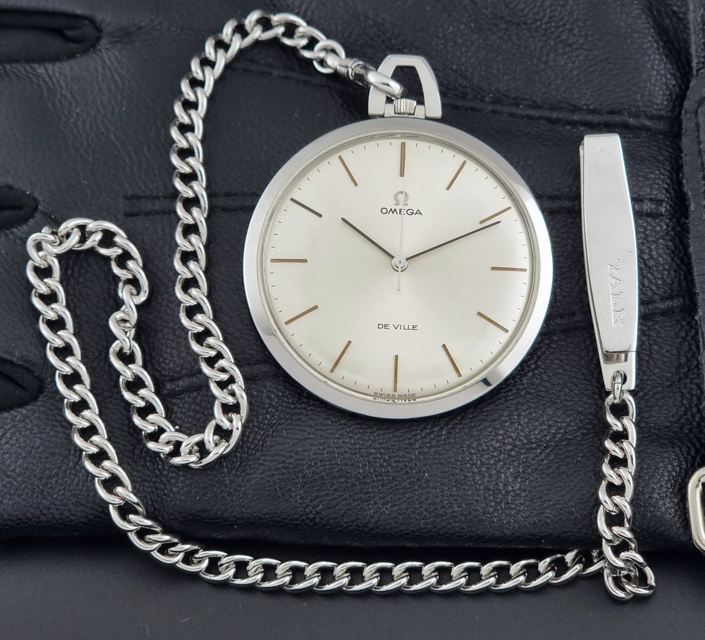 Vintage Omega De Ville Pocket Watch 131.1714 on a dark background dial view