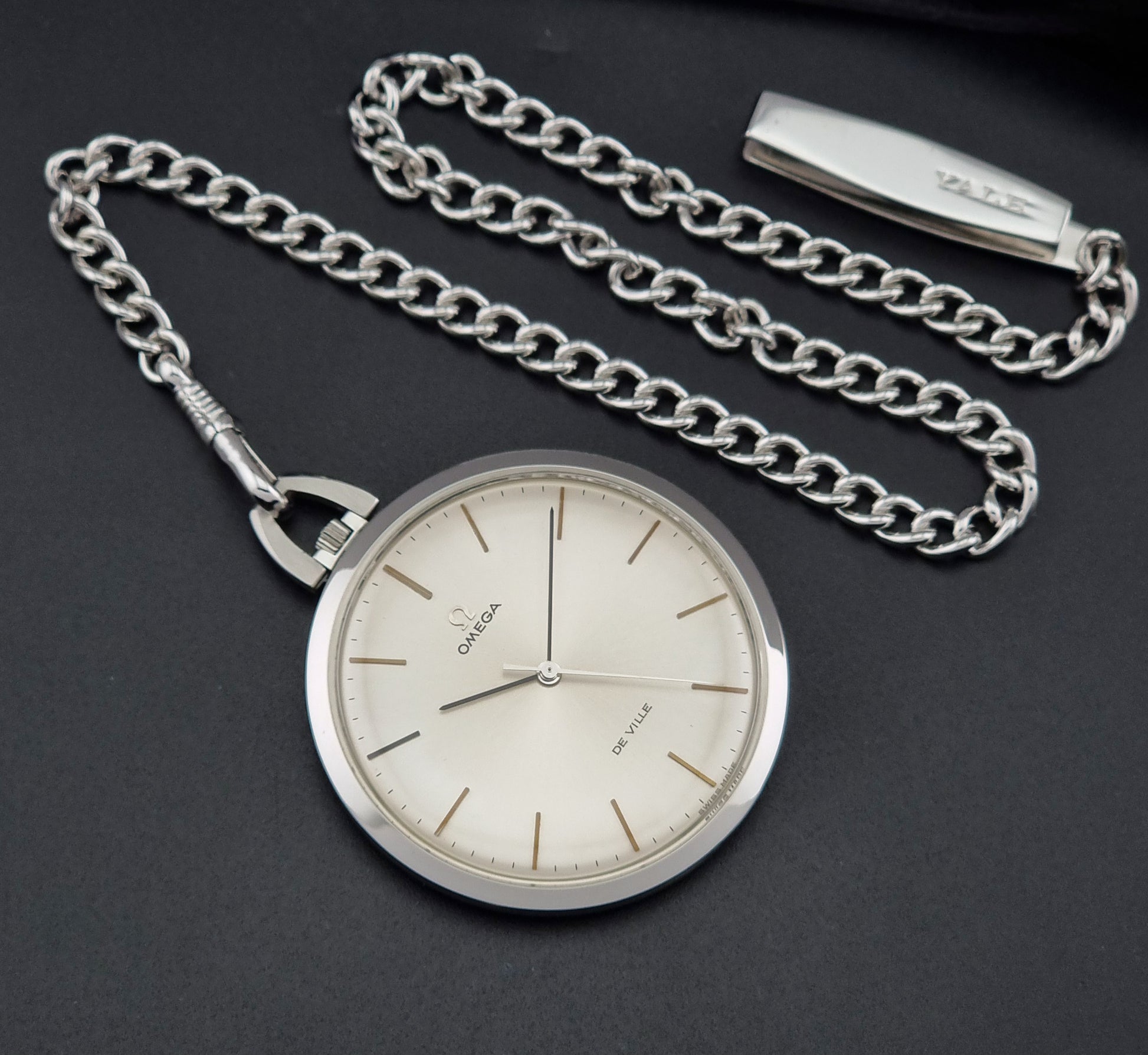 Vintage Omega De Ville Pocket Watch 131.1714 on a dark background