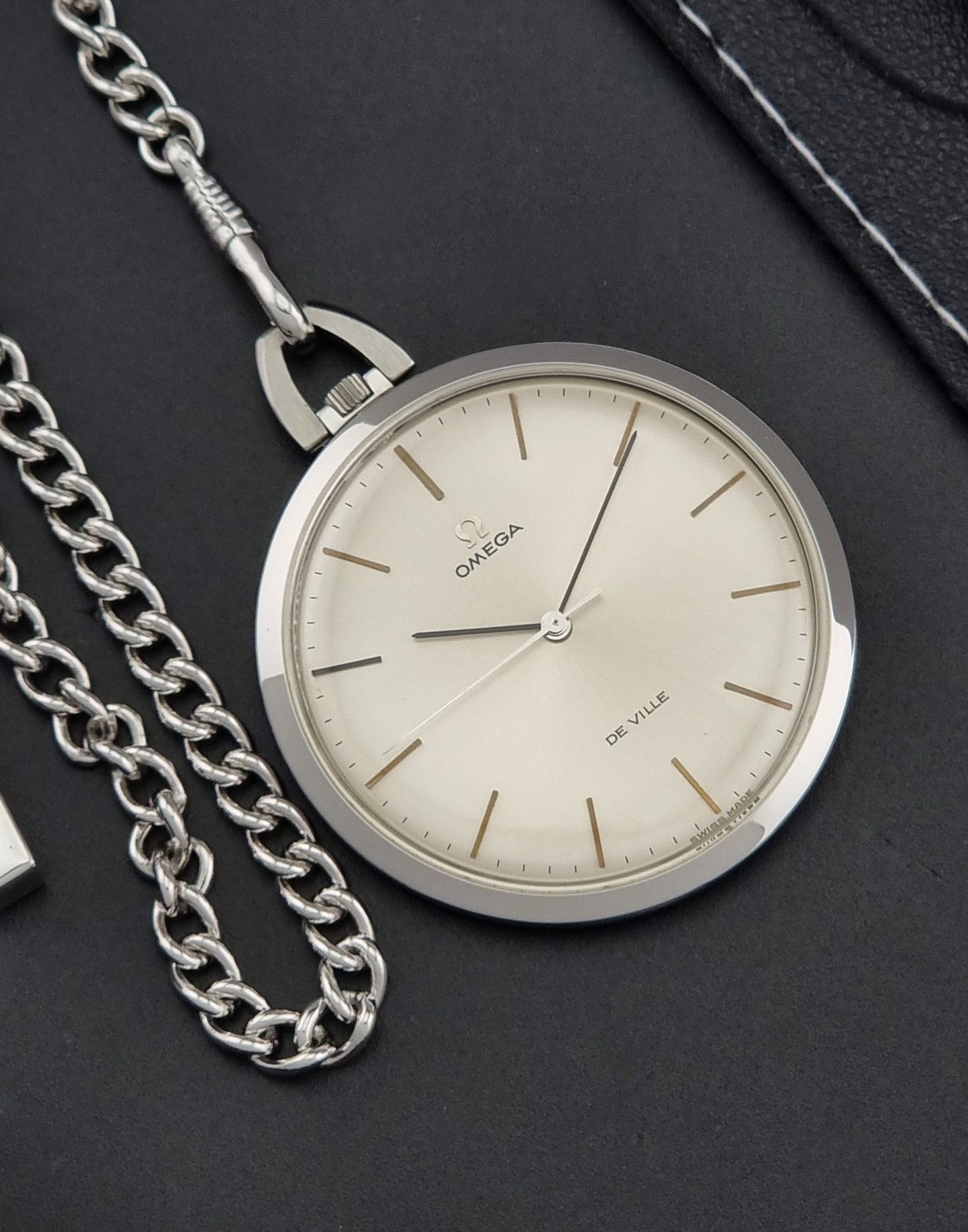 Vintage Omega De Ville Pocket Watch 131.1714 on a dark background close up dial view