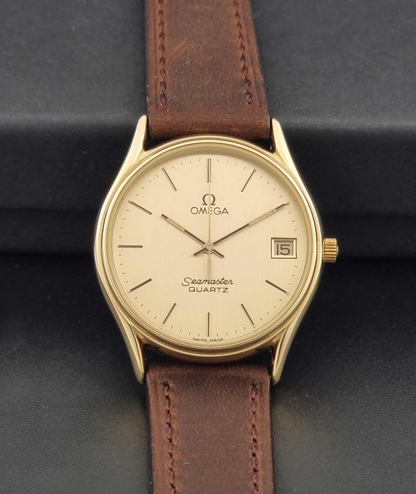 Vintage Omega Quartz Seamaster 196.0281 Wristwatch in a gold case dial view