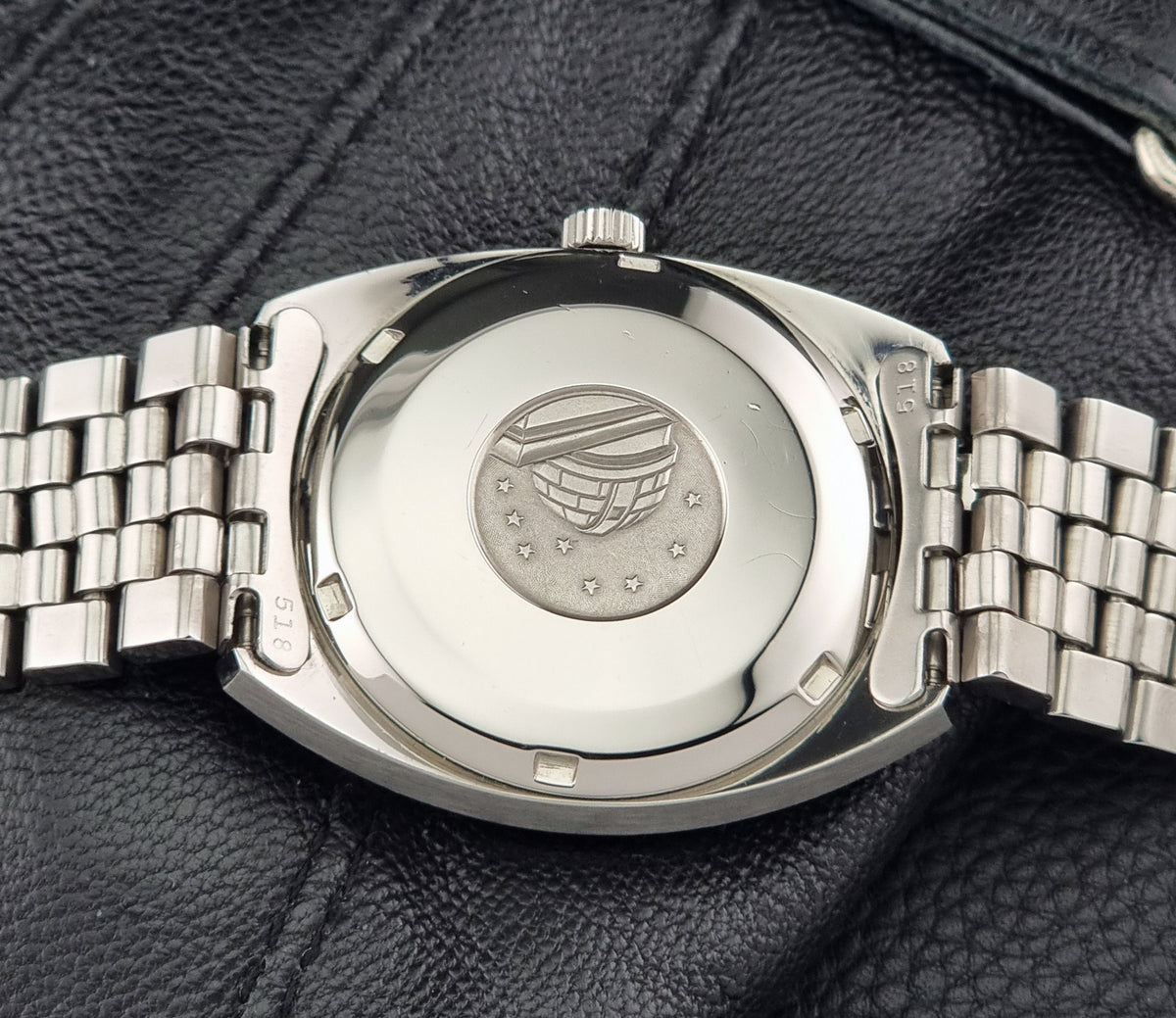 1970 vintage Omega Constellation 168.017 Meister watch; caseback view showing the rear case and visible markings