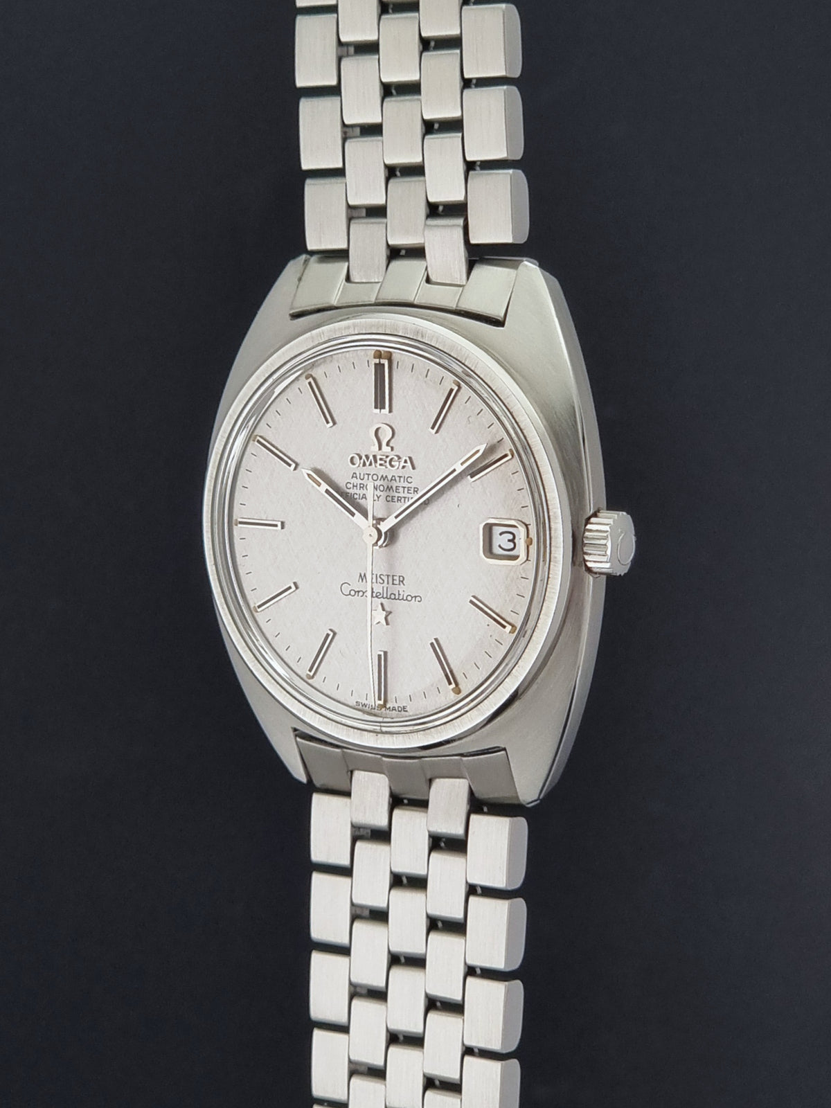 1970 vintage Omega Constellation 168.017 Meister watch; crown-side profile showing the winding crown and case