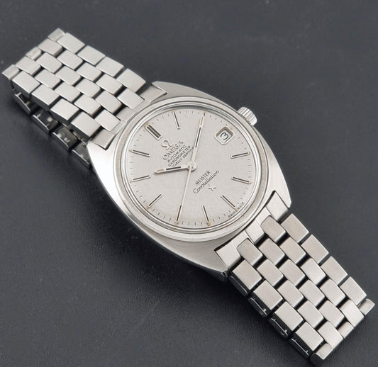 1970 vintage Omega Constellation 168.017 Meister watch; full front view showing the dial, hands and case