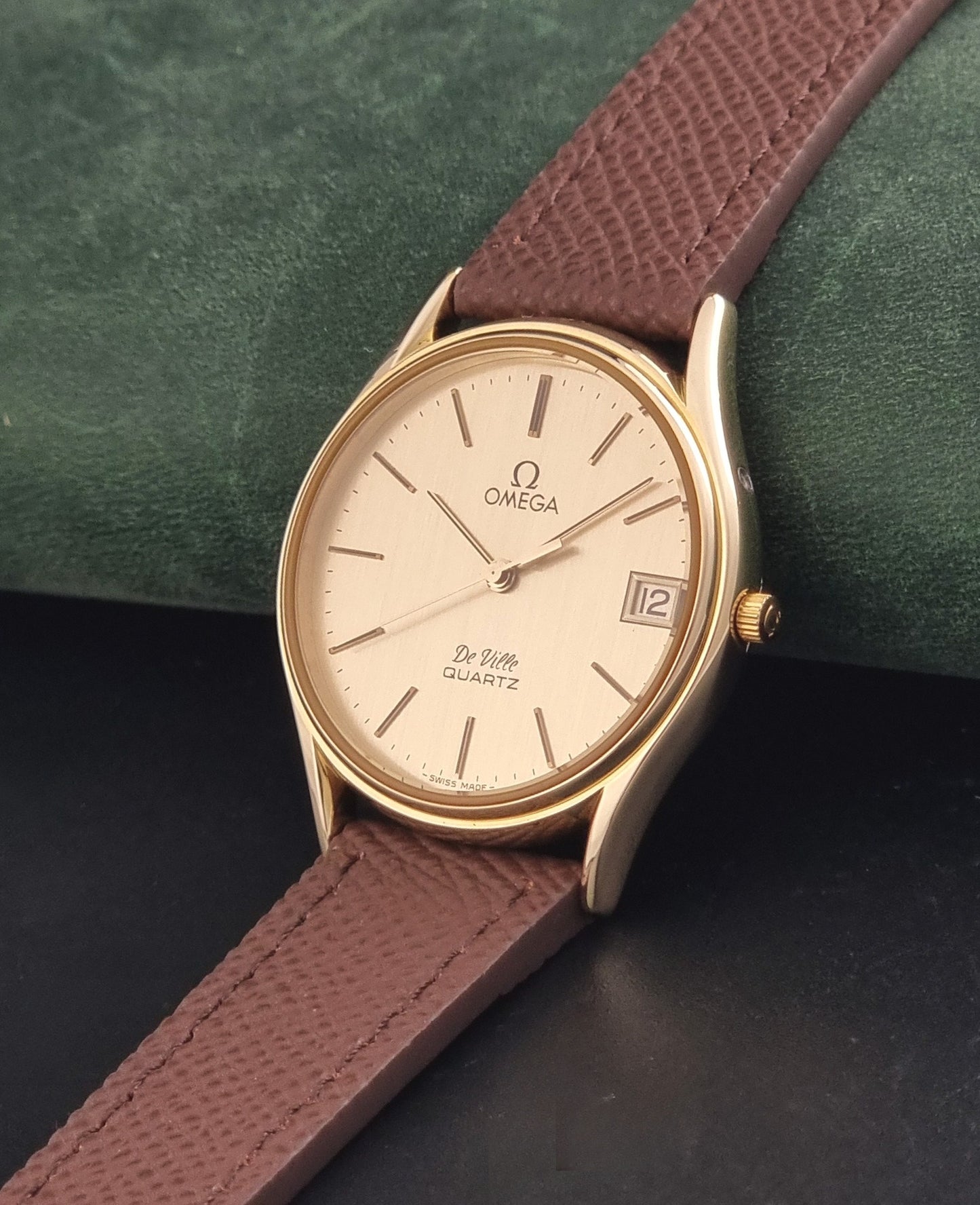 Vintage Omega Quartz De-ville 196.0205 Wristwatch circa 1980 Gold Plate