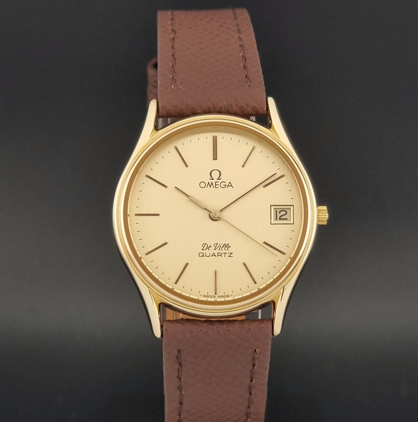 Vintage Omega Quartz De-ville 196.0205 Wristwatch circa 1980 Gold Plate