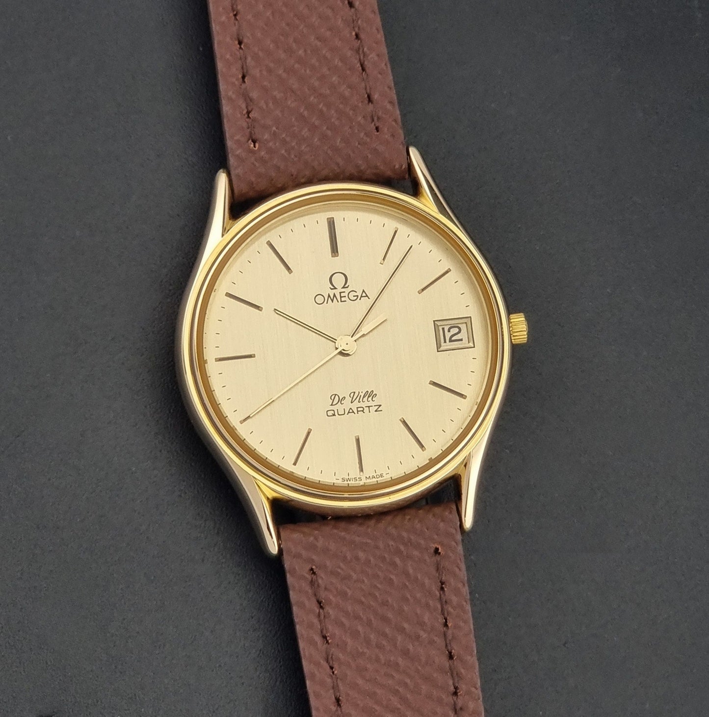 Vintage Omega Quartz De-ville 196.0205 Wristwatch circa 1980 Gold Plate