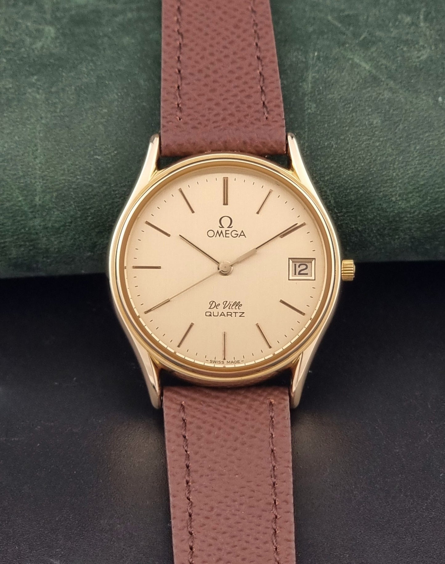 Vintage Omega Quartz De-ville 196.0205 Wristwatch circa 1980 Gold Plate