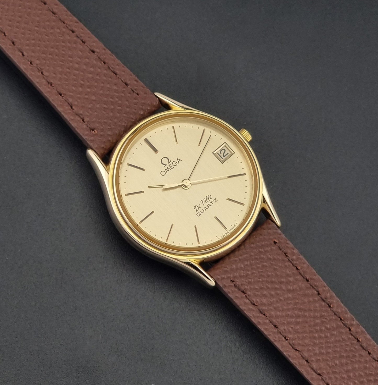 Vintage Omega Quartz De-ville 196.0205 Wristwatch circa 1980 Gold Plate