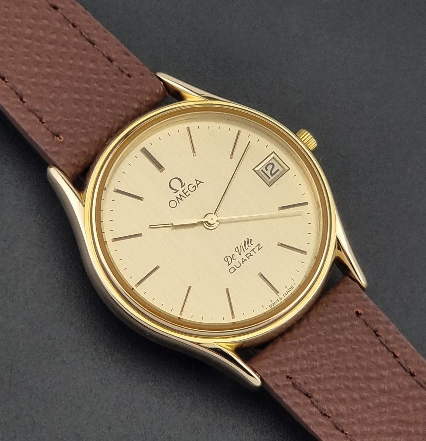 Vintage Omega Quartz De-ville 196.0205 Wristwatch circa 1980 Gold Plate