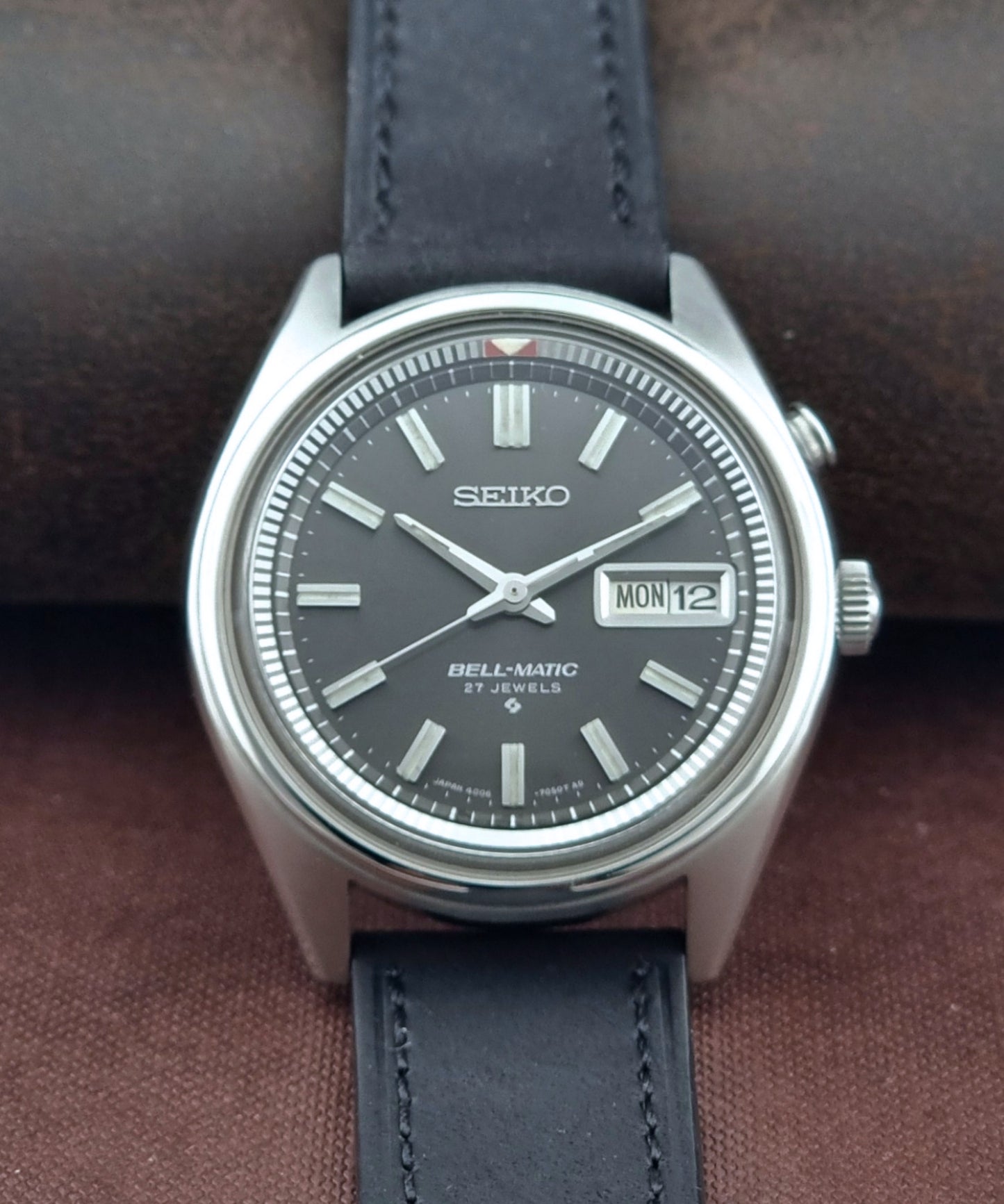 Vintage Seiko Bell-Matic watch on a black strap
