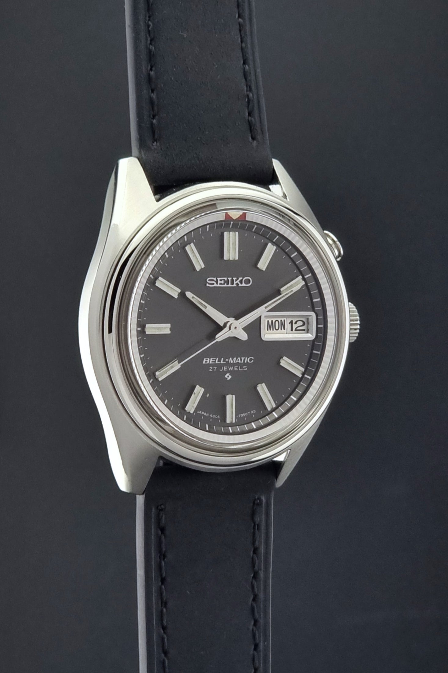 Vintage Seiko Bell-Matic watch on a black strap