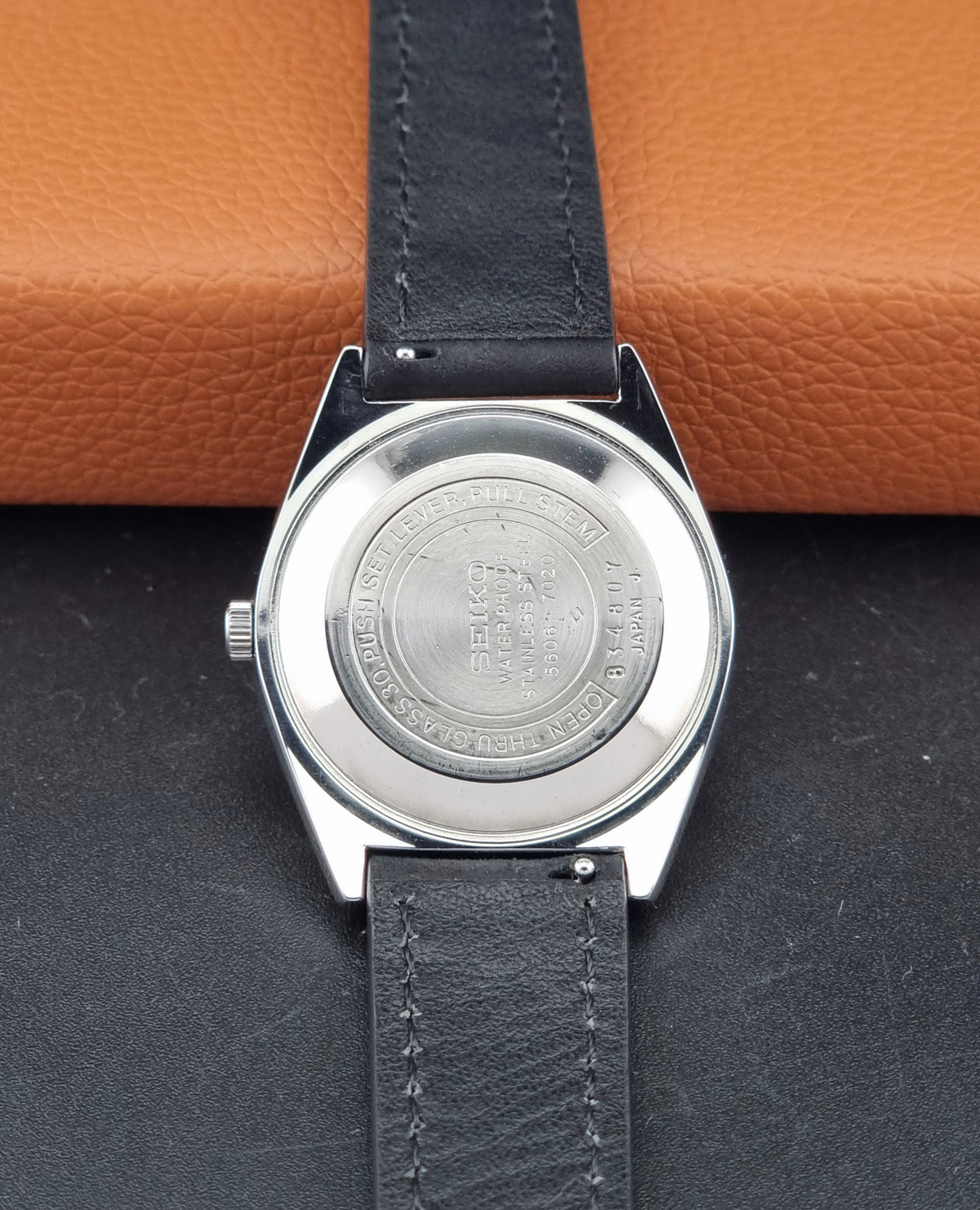 Vintage Seiko Lord Matic 5606-7020 automatic watch from 1968, caseback view