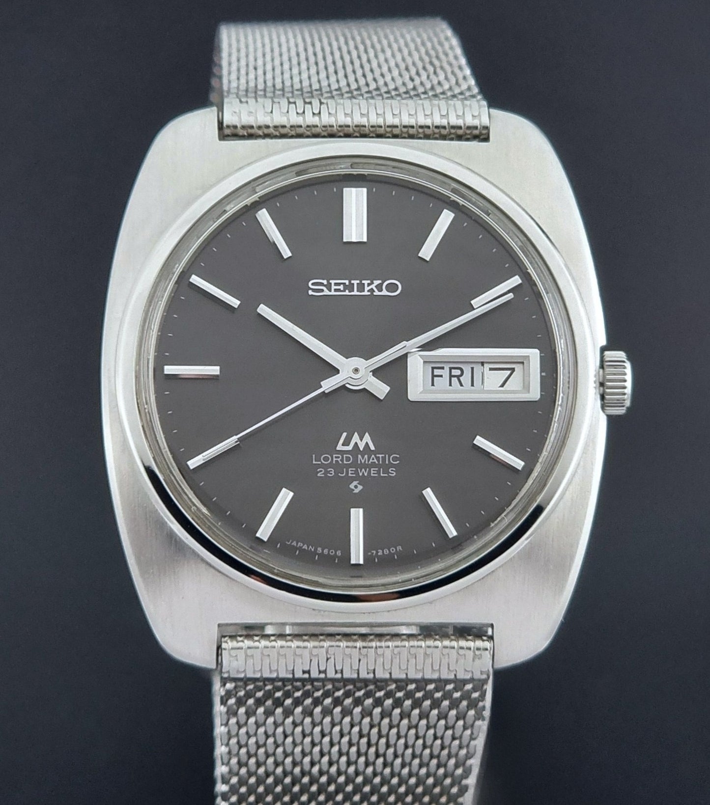 Vintage Seiko Lordmatic wristwatch on a dark background close front view