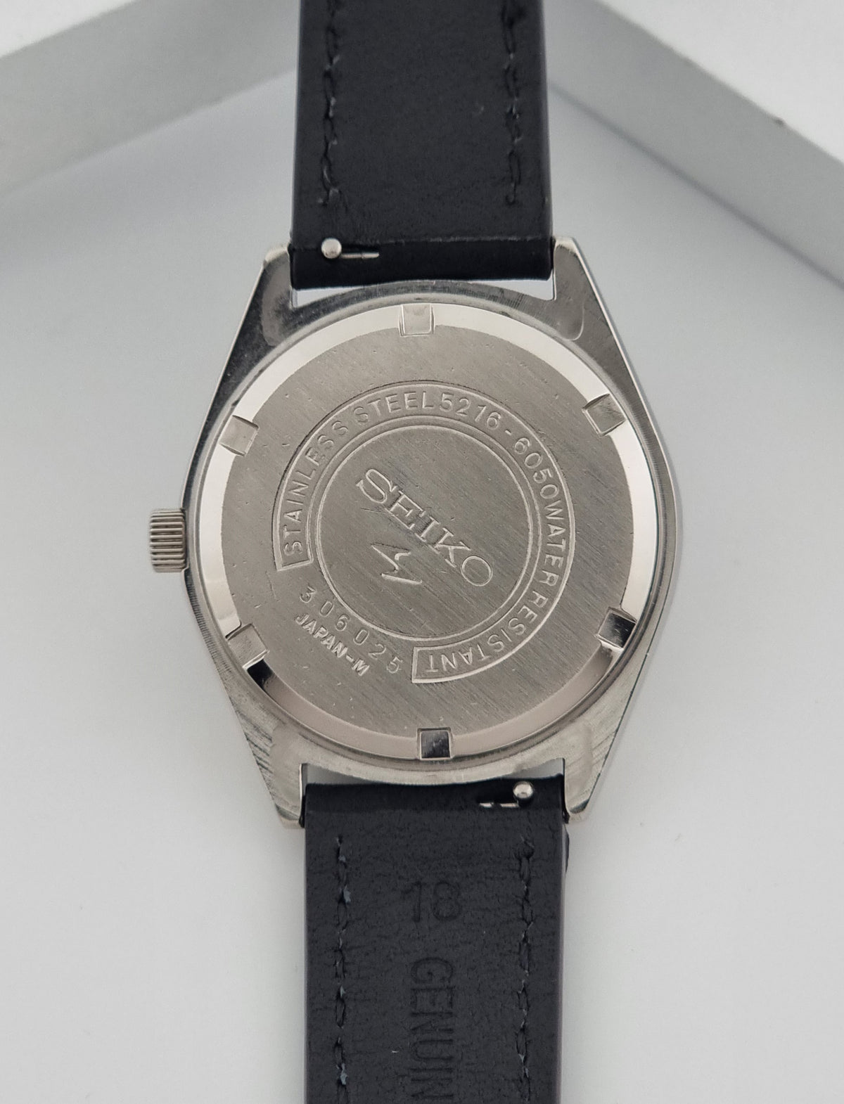 1973 vintage Seiko Lord Matic Special 5216-6050 automatic watch, rear view of the stainless steel caseback